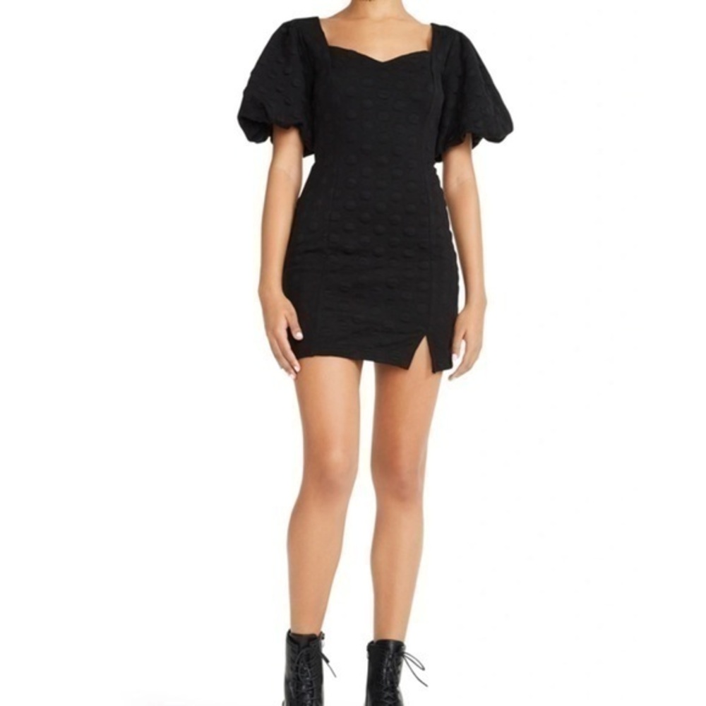 Betsy Johnson Black Textured Dot Sheath Puff Sleeve Mini Dress
